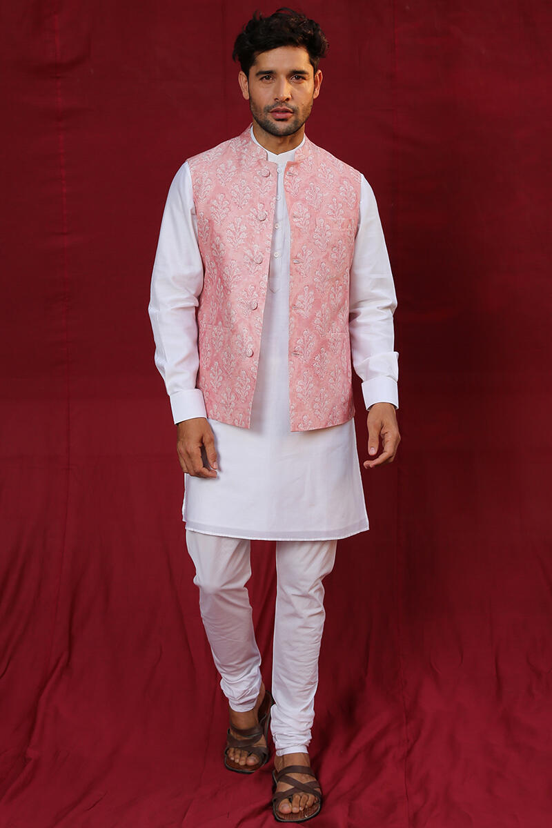 Pink Block Printed Chanderi Nehru Jacket