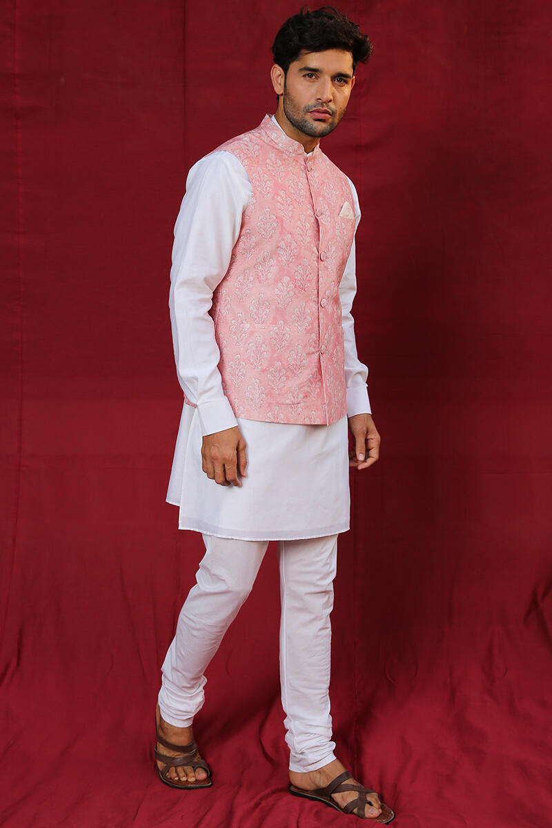 Pink Block Printed Chanderi Nehru Jacket