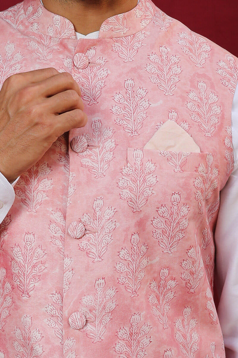 Pink Block Printed Chanderi Nehru Jacket