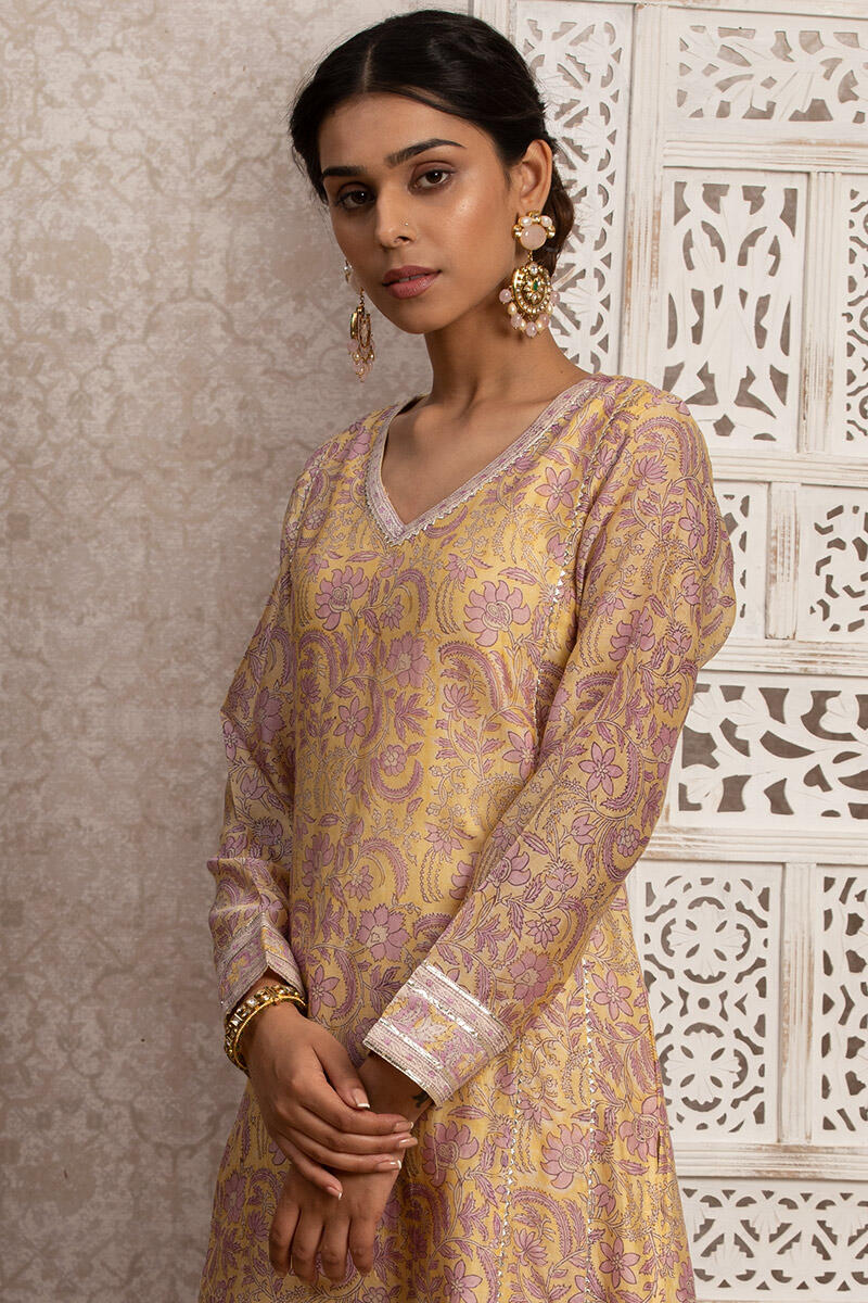 Yellow Block Printed Straight Cotton Kurta