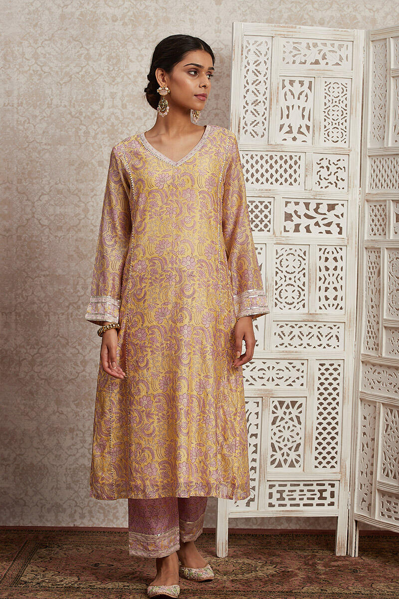 Yellow Block Printed Straight Cotton Kurta