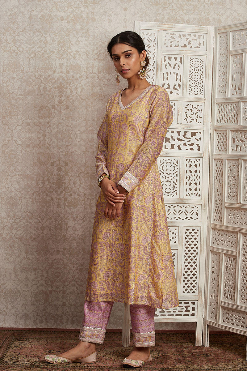 Yellow Block Printed Straight Cotton Kurta