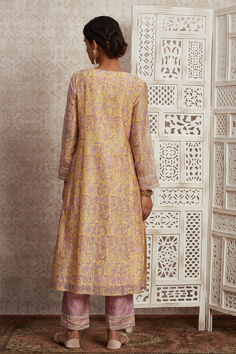 Yellow Block Printed Straight Cotton Kurta