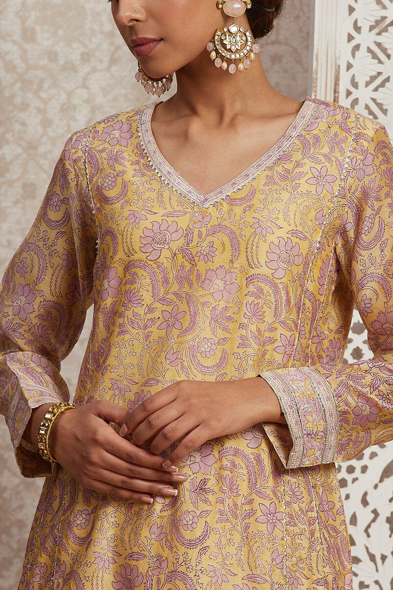 Yellow Block Printed Straight Cotton Kurta