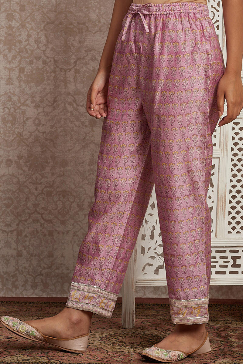 Purple Block Printed Chanderi Pants