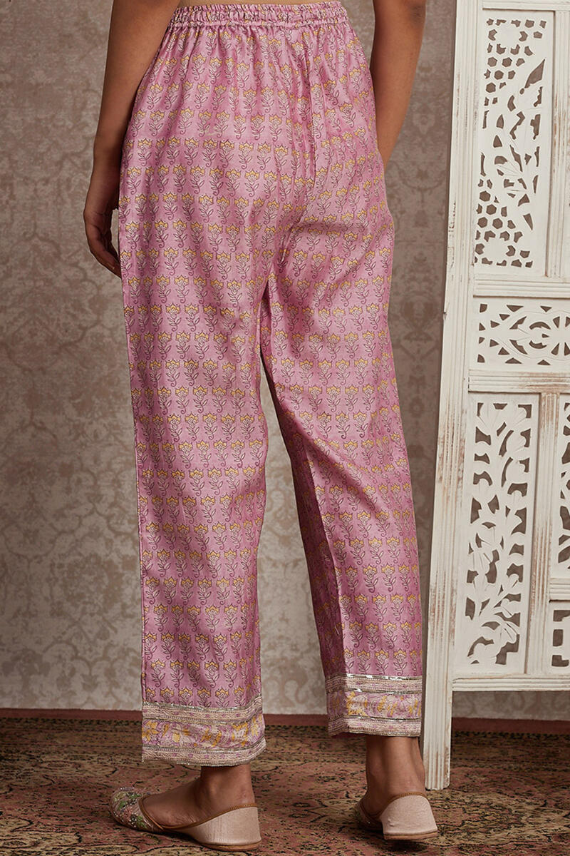 Purple Block Printed Chanderi Pants