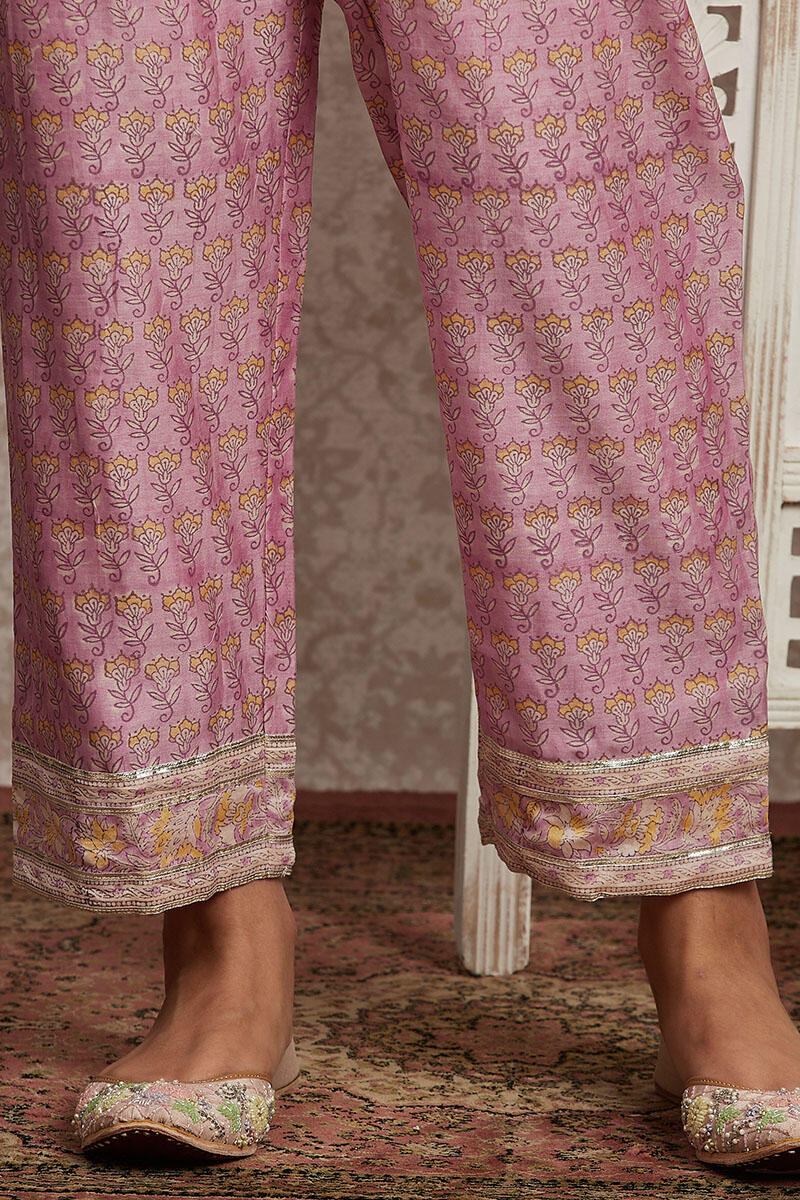 Purple Block Printed Chanderi Pants