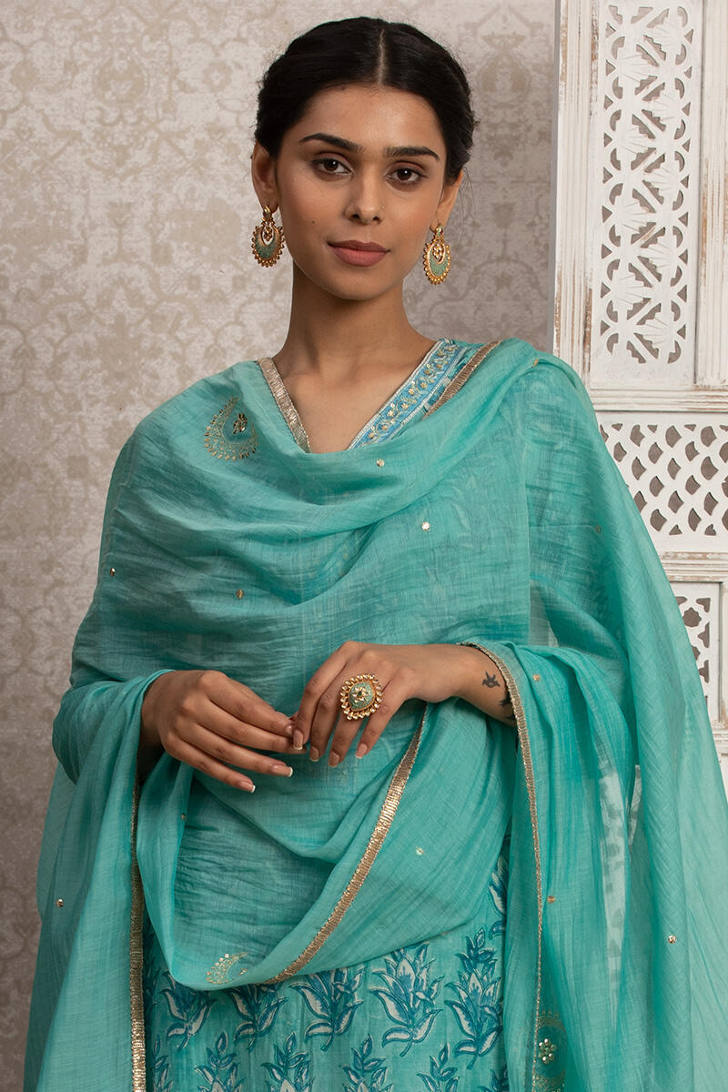 Turquoise Handcrafted Cotton Silk Dupatta
