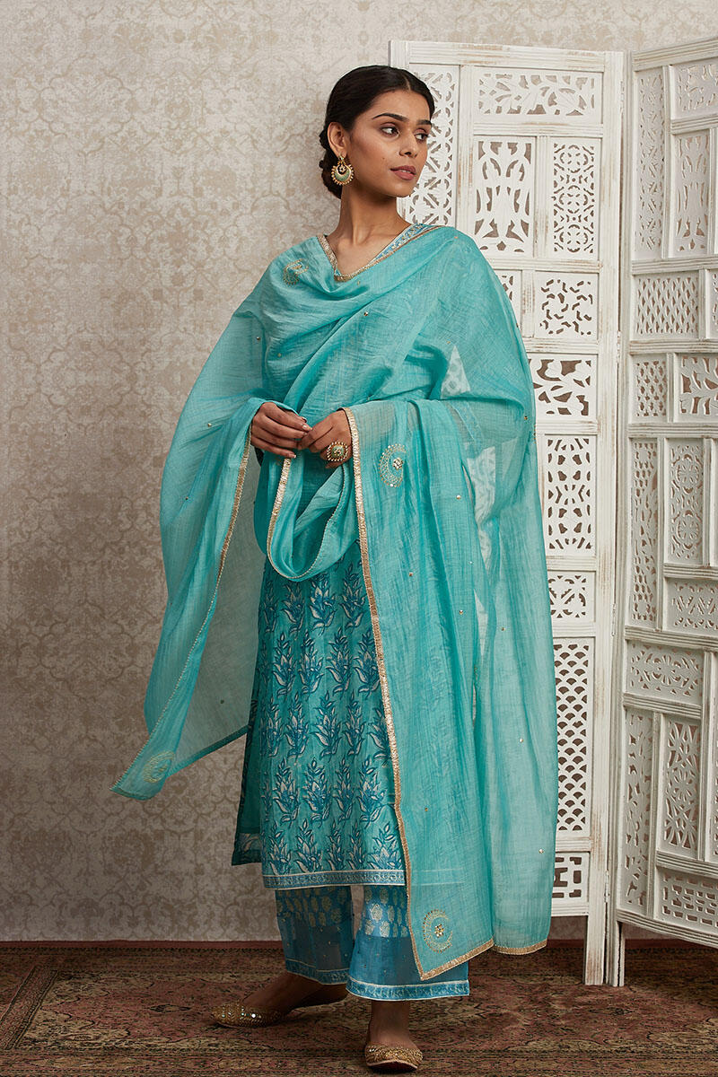 Turquoise Handcrafted Cotton Silk Dupatta