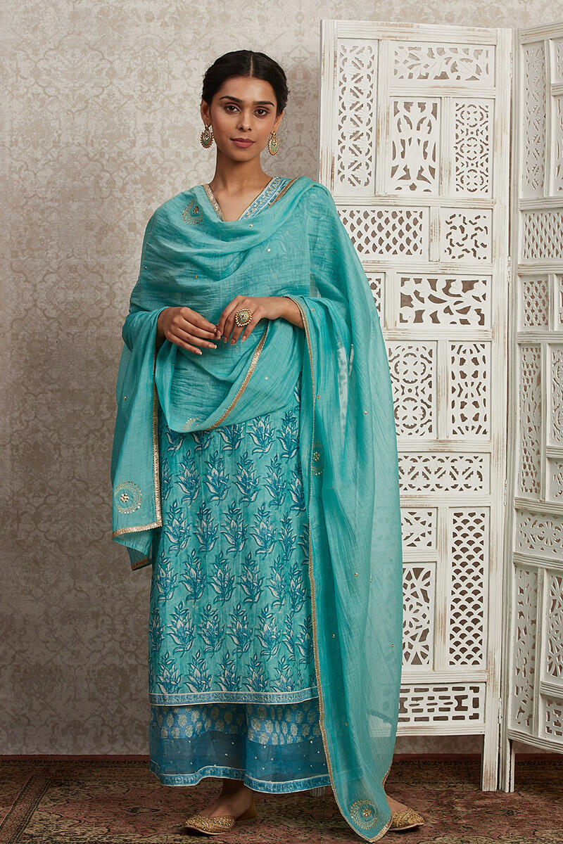 Turquoise Handcrafted Cotton Silk Dupatta