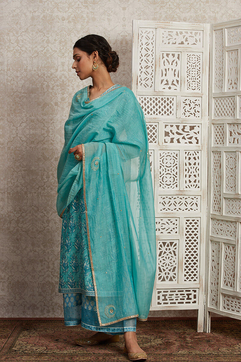 Turquoise Handcrafted Cotton Silk Dupatta
