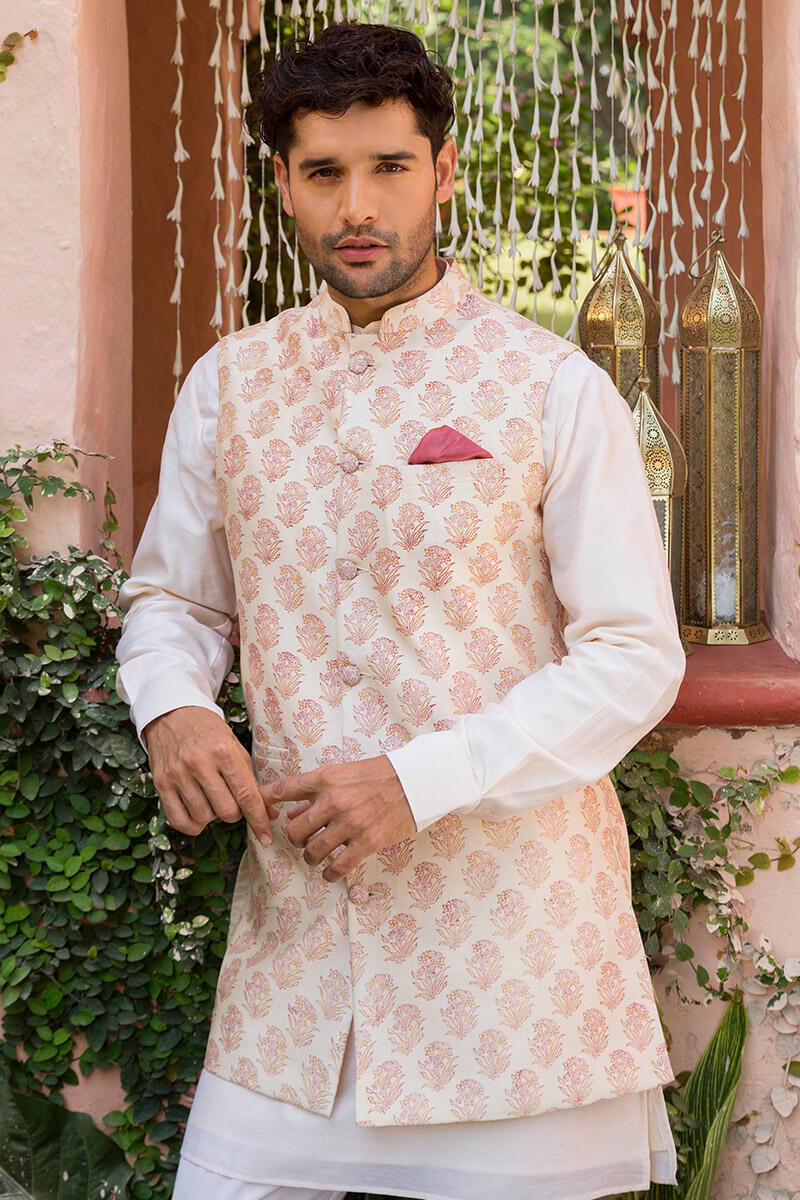 Buy Yellow Block Printed Chanderi Nehru Jacket for Men FGMNJ20 08 Farida Gupta