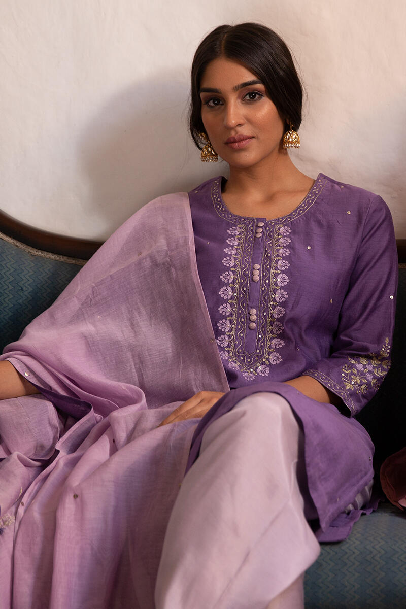 Purple Handcrafted Straight Cotton Silk Kurta