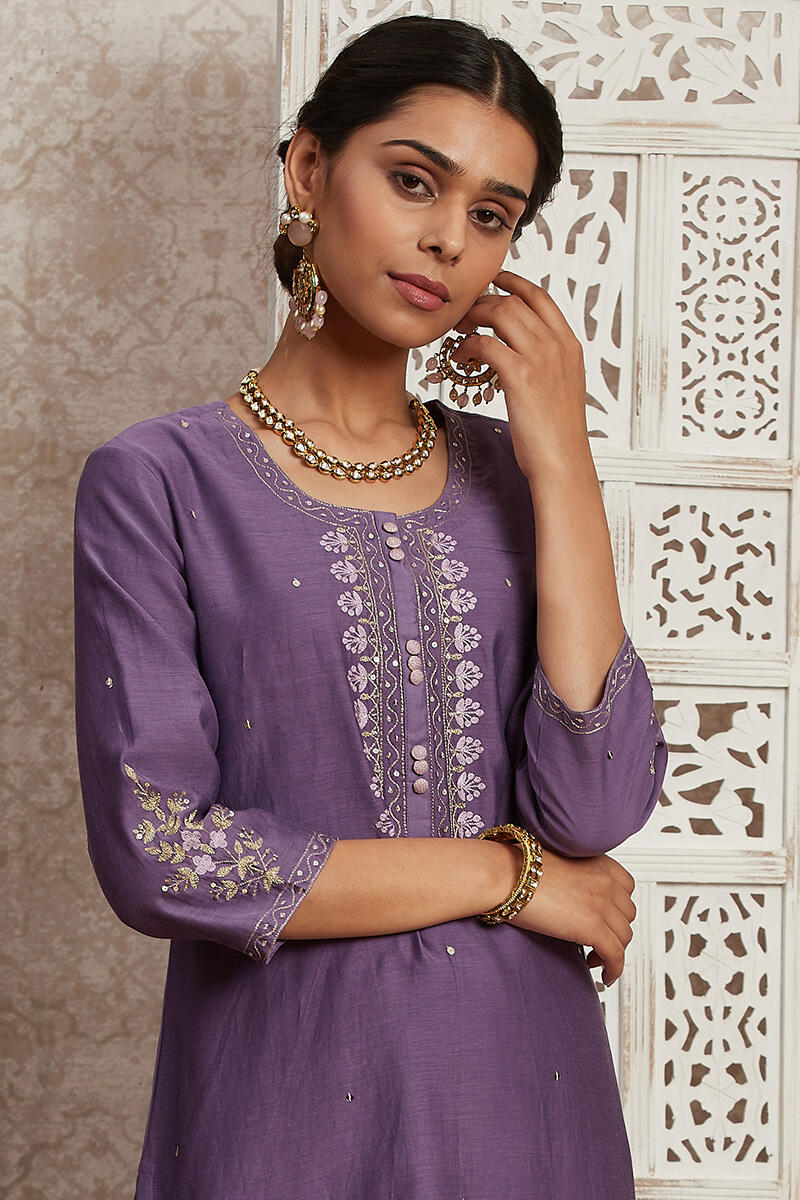 Purple Handcrafted Straight Cotton Silk Kurta
