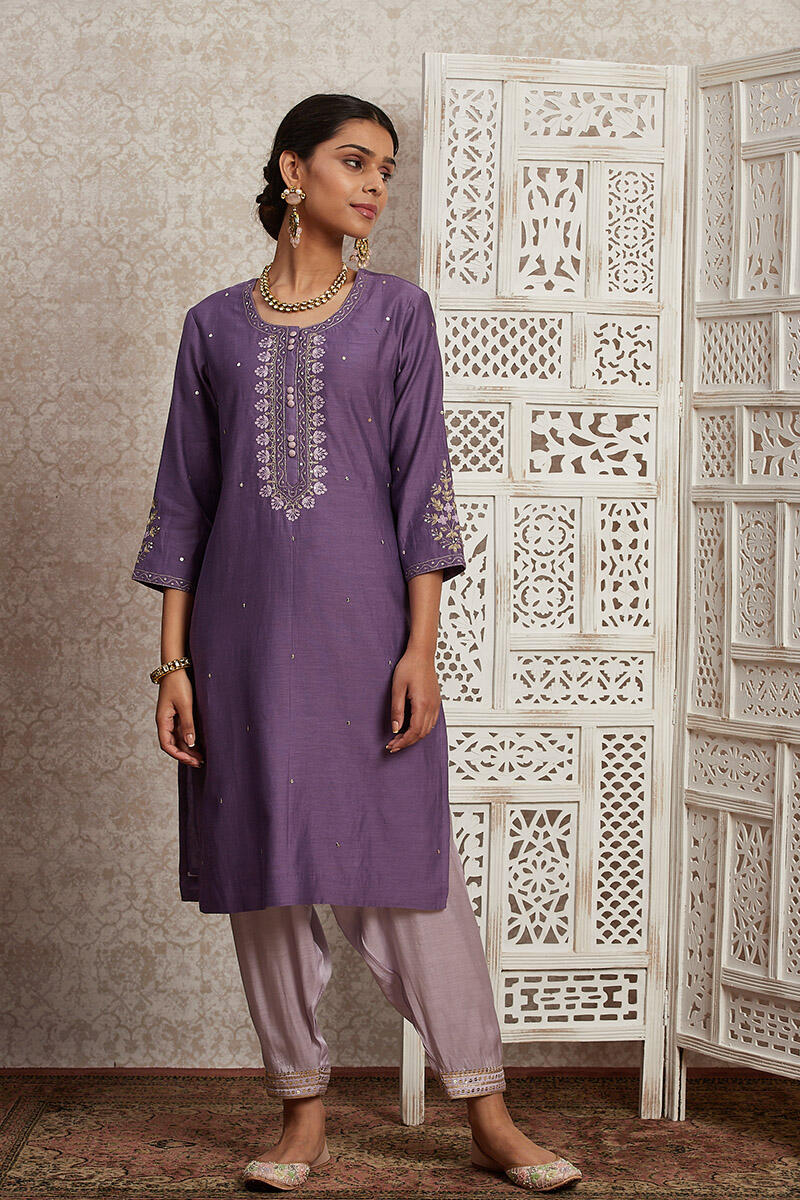 Purple Handcrafted Straight Cotton Silk Kurta
