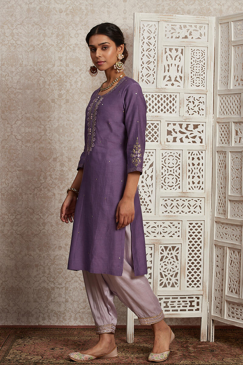 Purple Handcrafted Straight Cotton Silk Kurta