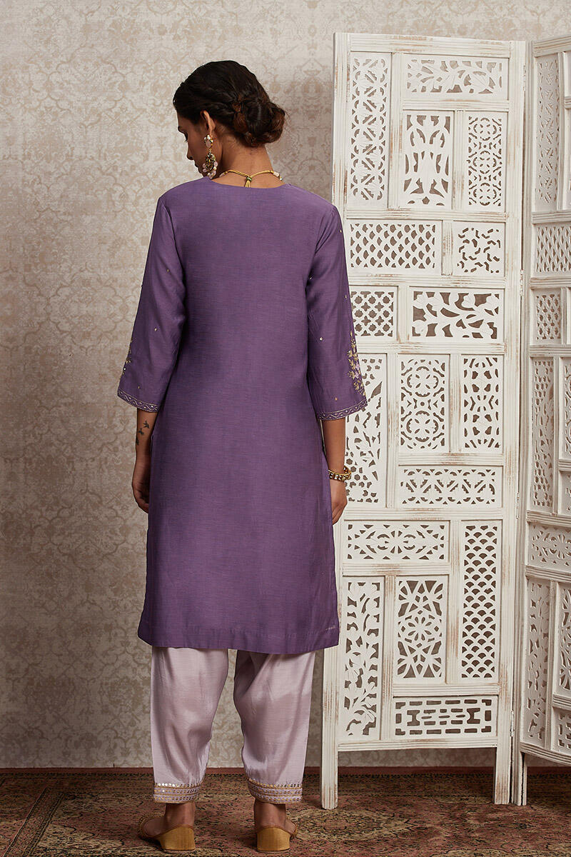 Purple Handcrafted Straight Cotton Silk Kurta