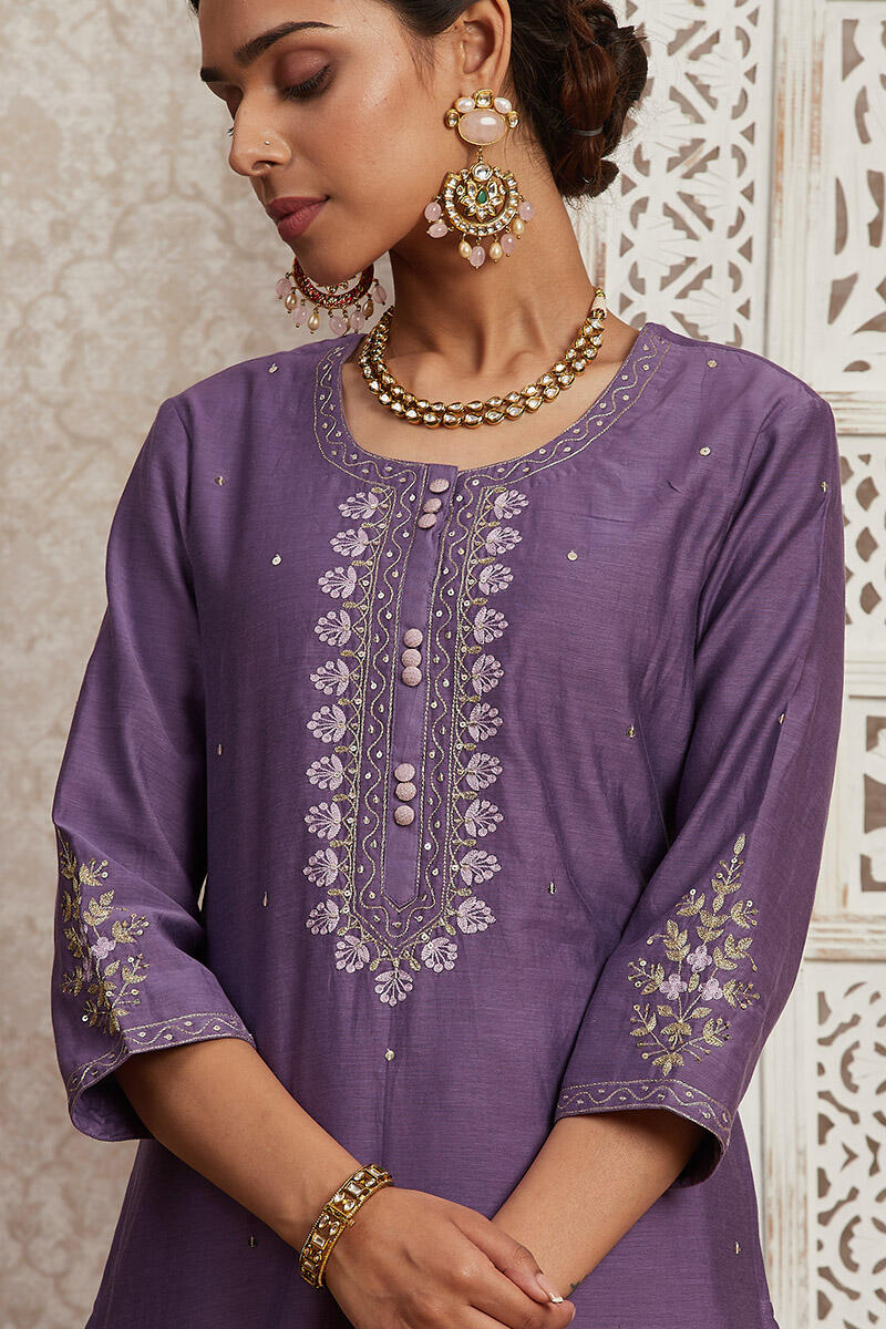 Purple Handcrafted Straight Cotton Silk Kurta