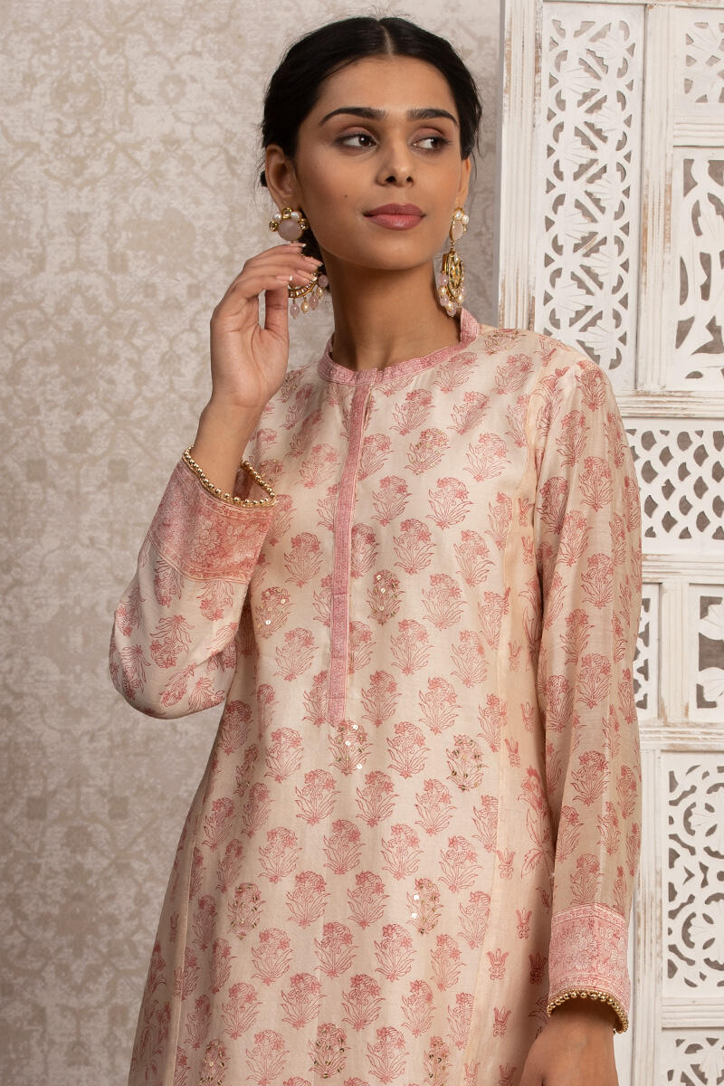 Off-White Block Printed A-Line Chanderi Kurta