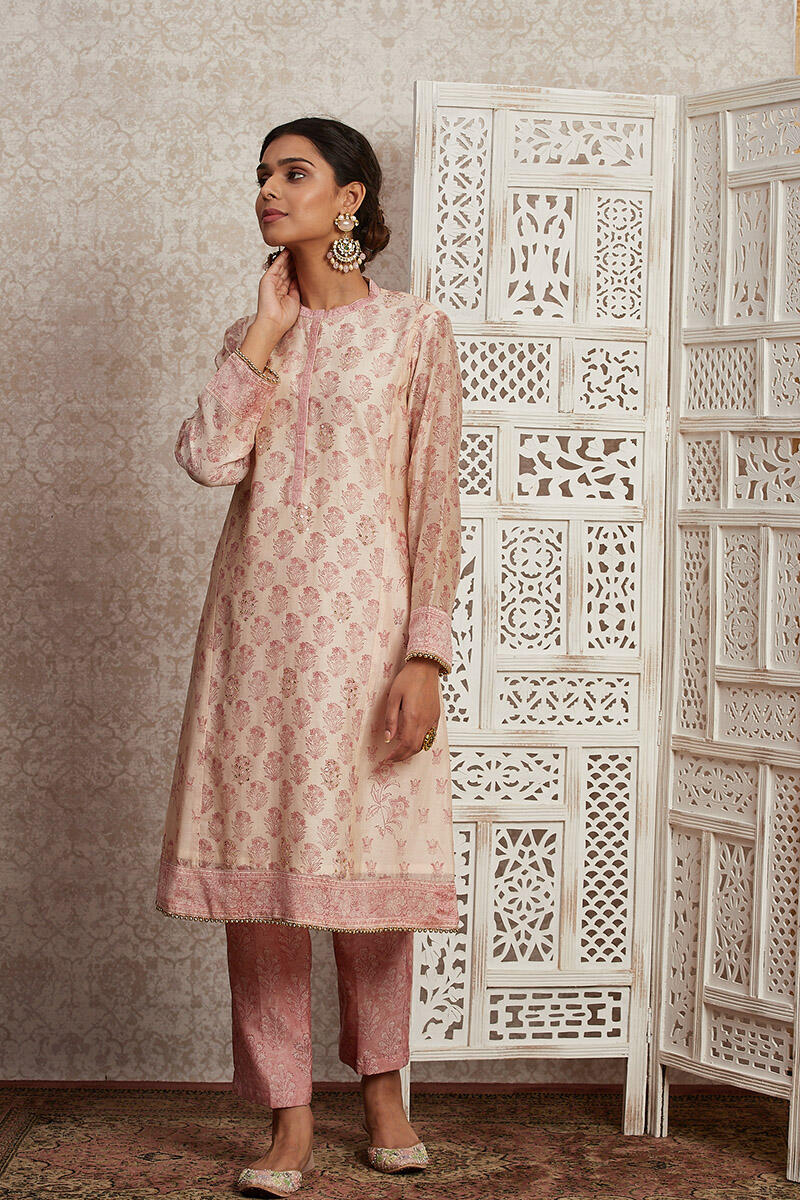 Off-White Block Printed A-Line Chanderi Kurta