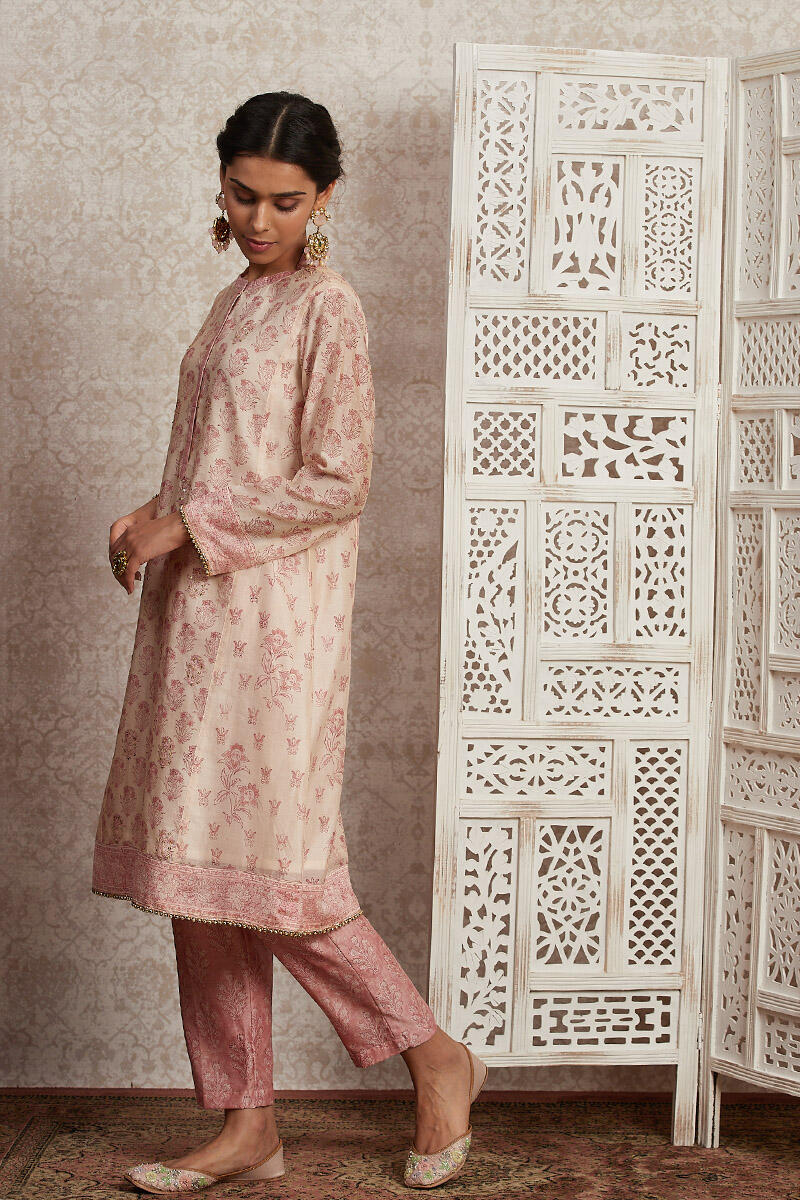 Off-White Block Printed A-Line Chanderi Kurta