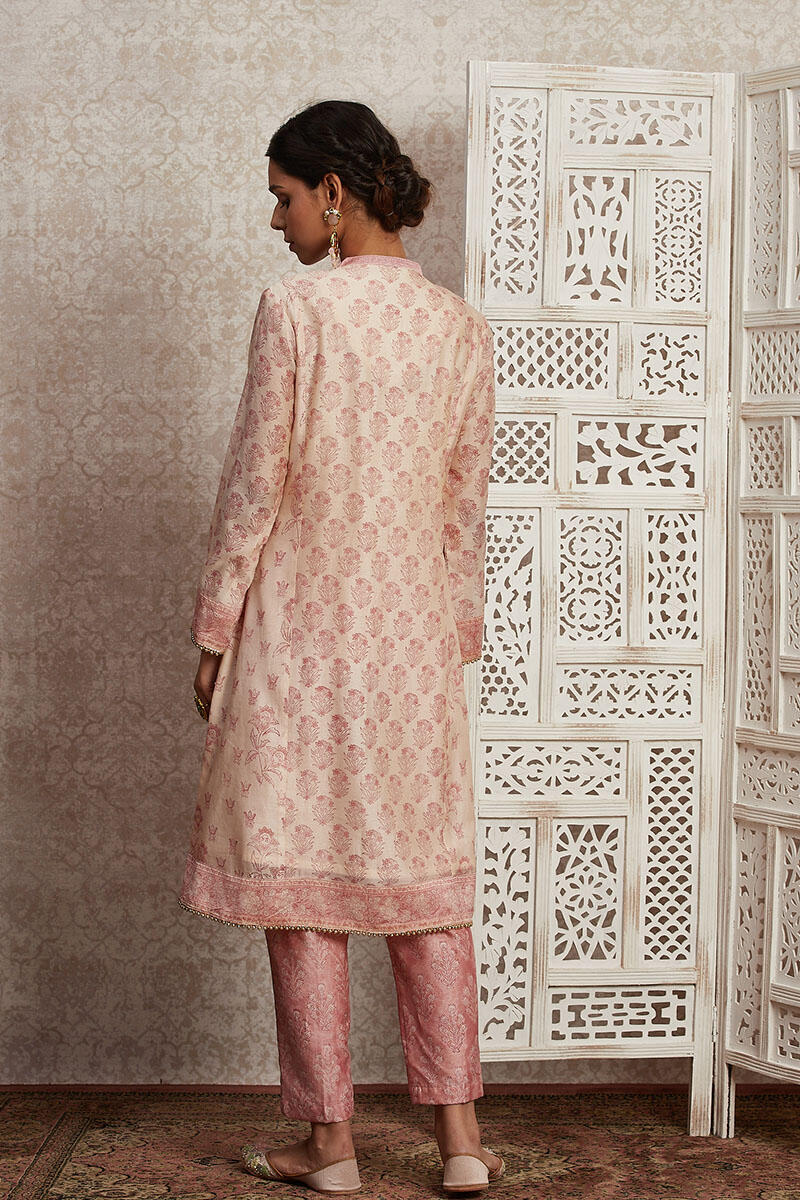 Off-White Block Printed A-Line Chanderi Kurta