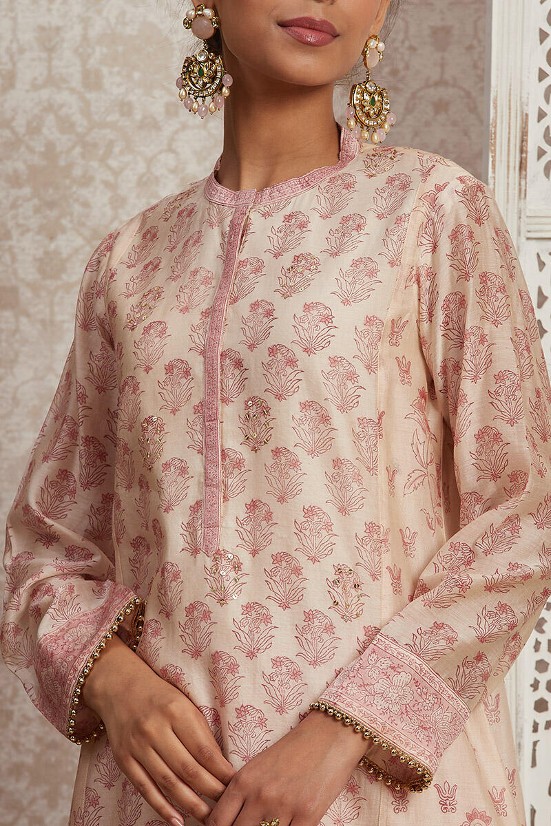 Off-White Block Printed A-Line Chanderi Kurta