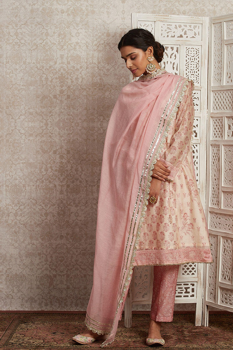 Off-White Block Printed A-Line Chanderi Kurta