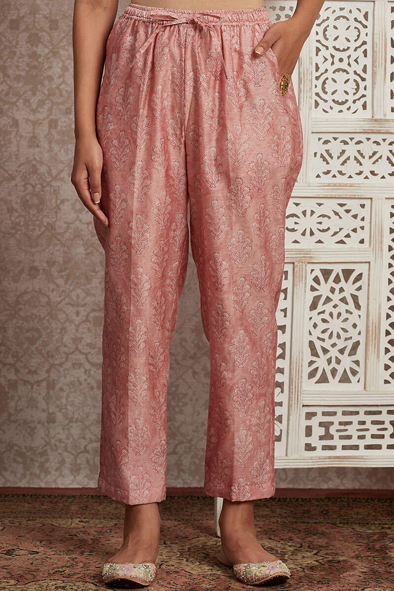 Pink Block Printed Chanderi Narrow Pants