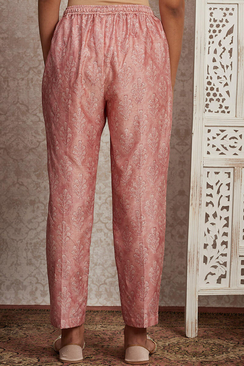 Pink Block Printed Chanderi Narrow Pants