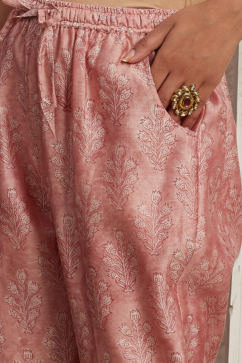 Pink Block Printed Chanderi Narrow Pants
