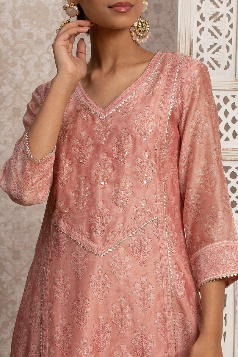 Pink Block Printed A-line Chanderi Kurta