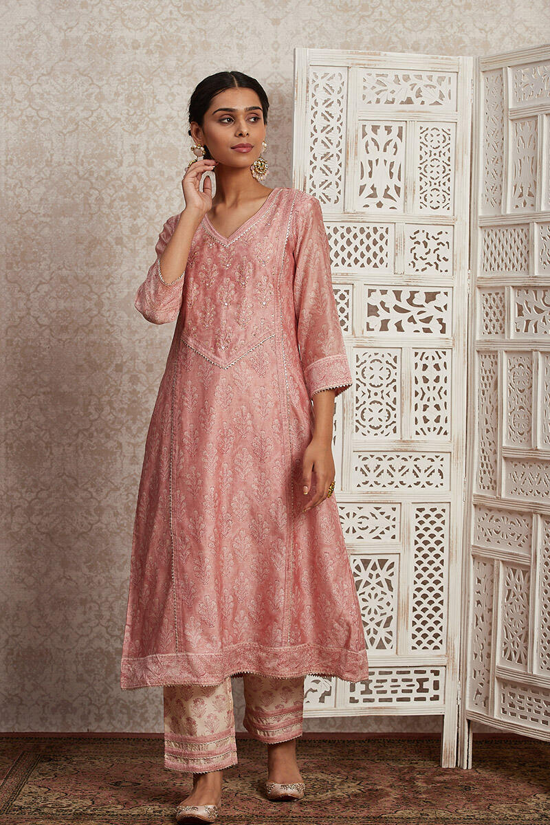 Pink Block Printed A-line Chanderi Kurta