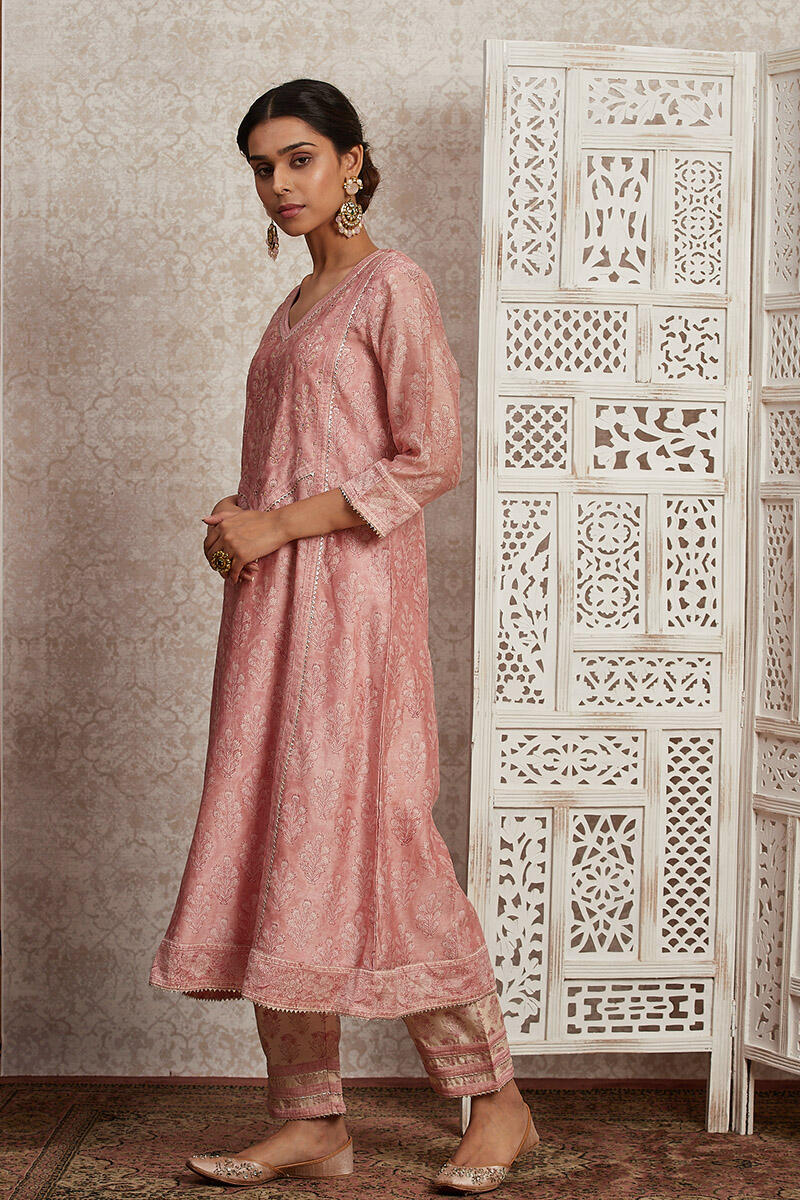 Pink Block Printed A-line Chanderi Kurta