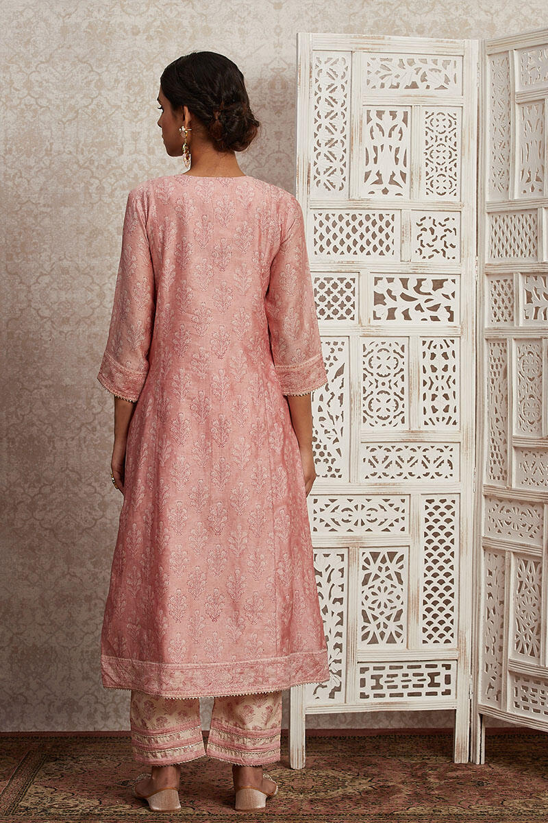 Pink Block Printed A-line Chanderi Kurta