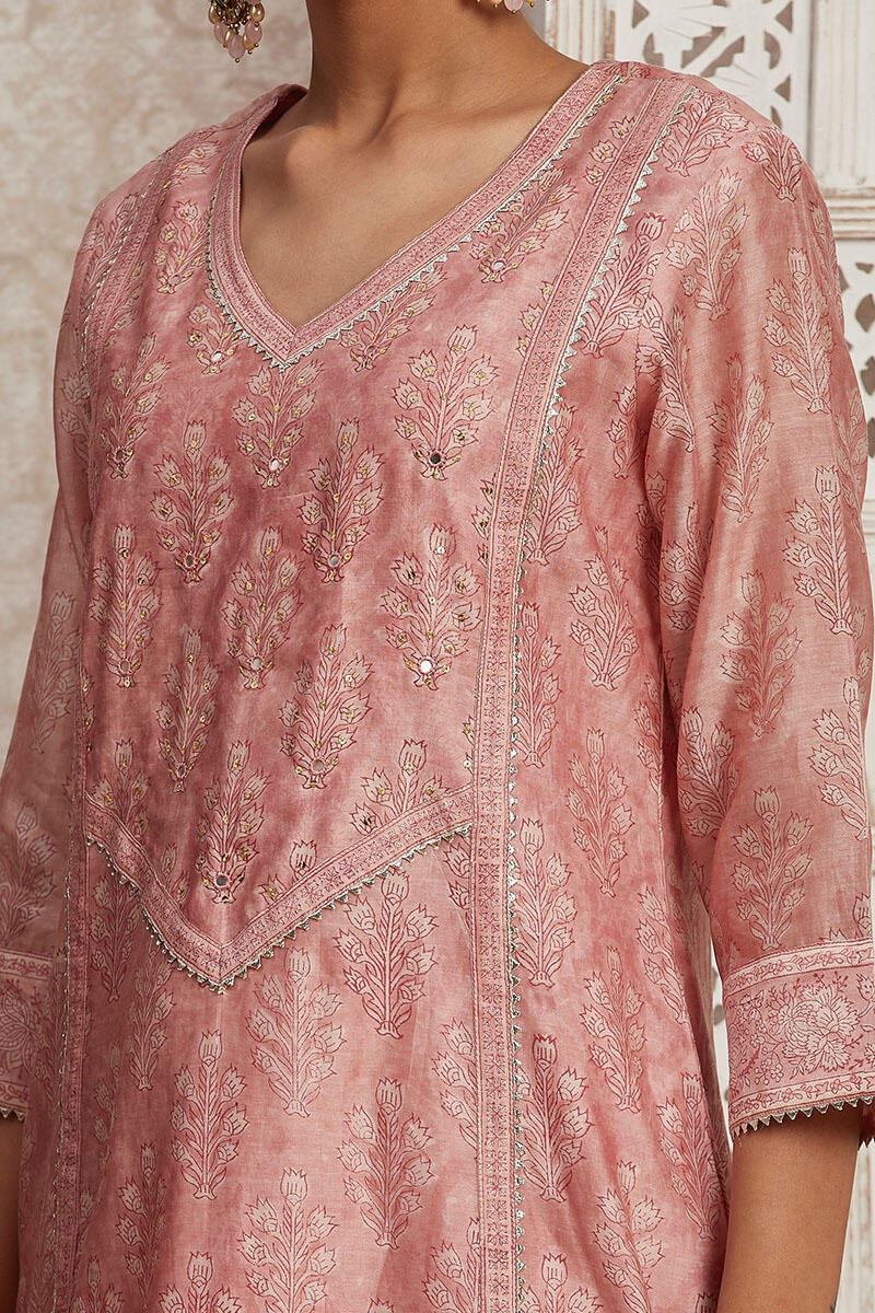Pink Block Printed A-line Chanderi Kurta