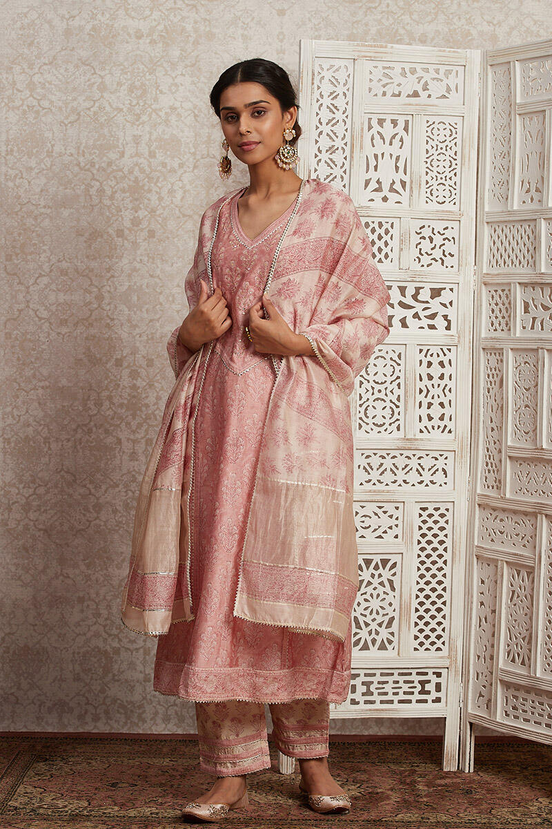 Pink Block Printed A-line Chanderi Kurta