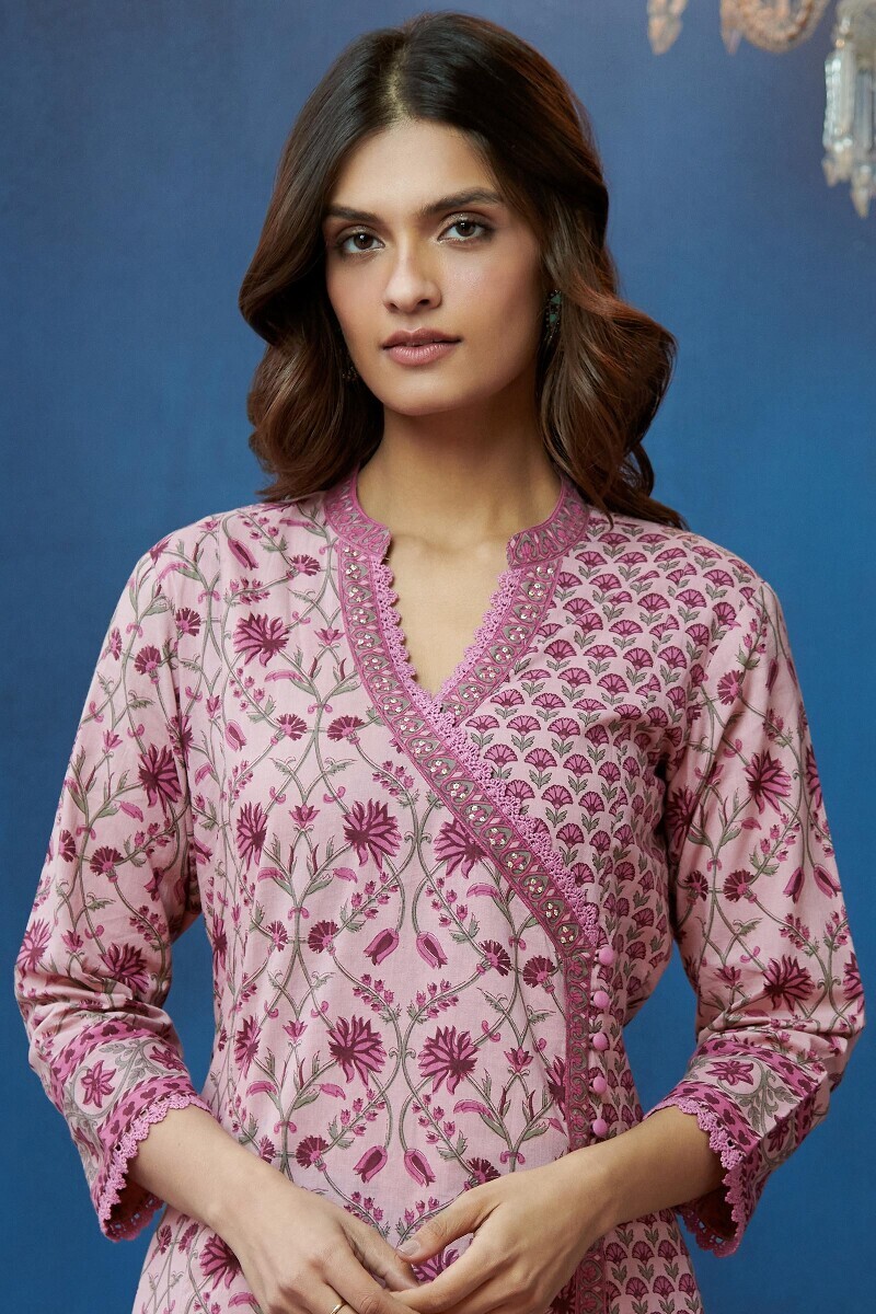 Pink Hand Printed Angrakha Cotton Kurta