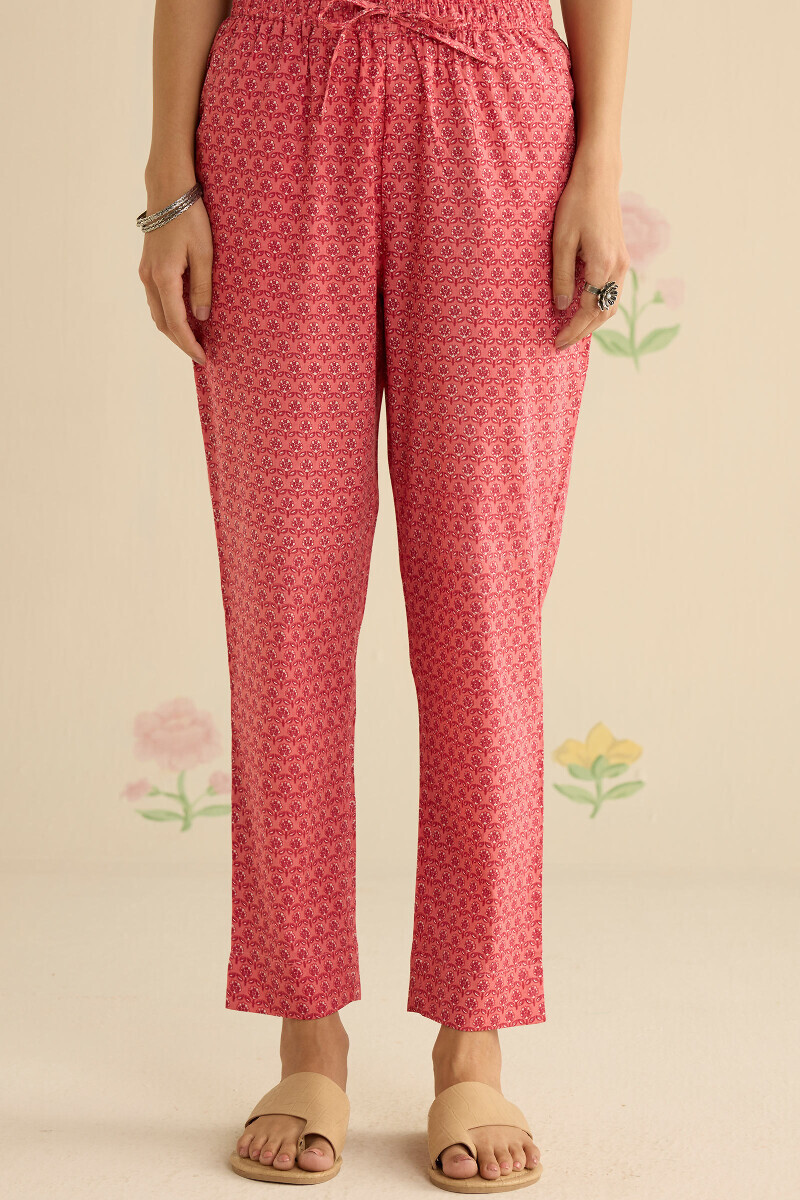 Pink Hand Printed Cotton Narrow Pants