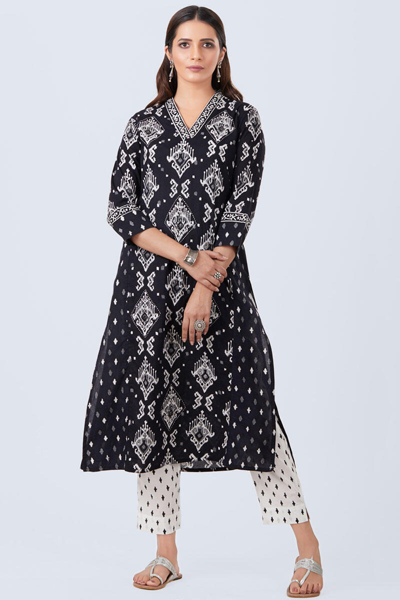 Black Block Printed Straight Cotton Kurta