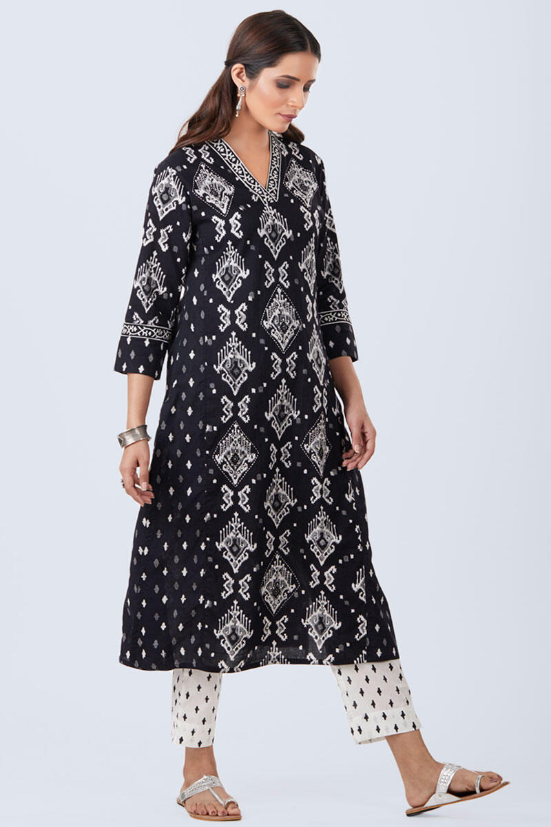 Black Block Printed Straight Cotton Kurta