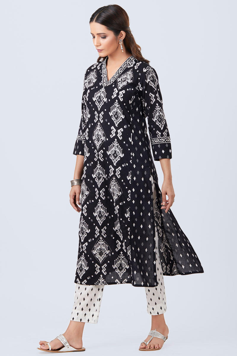 Black Block Printed Straight Cotton Kurta