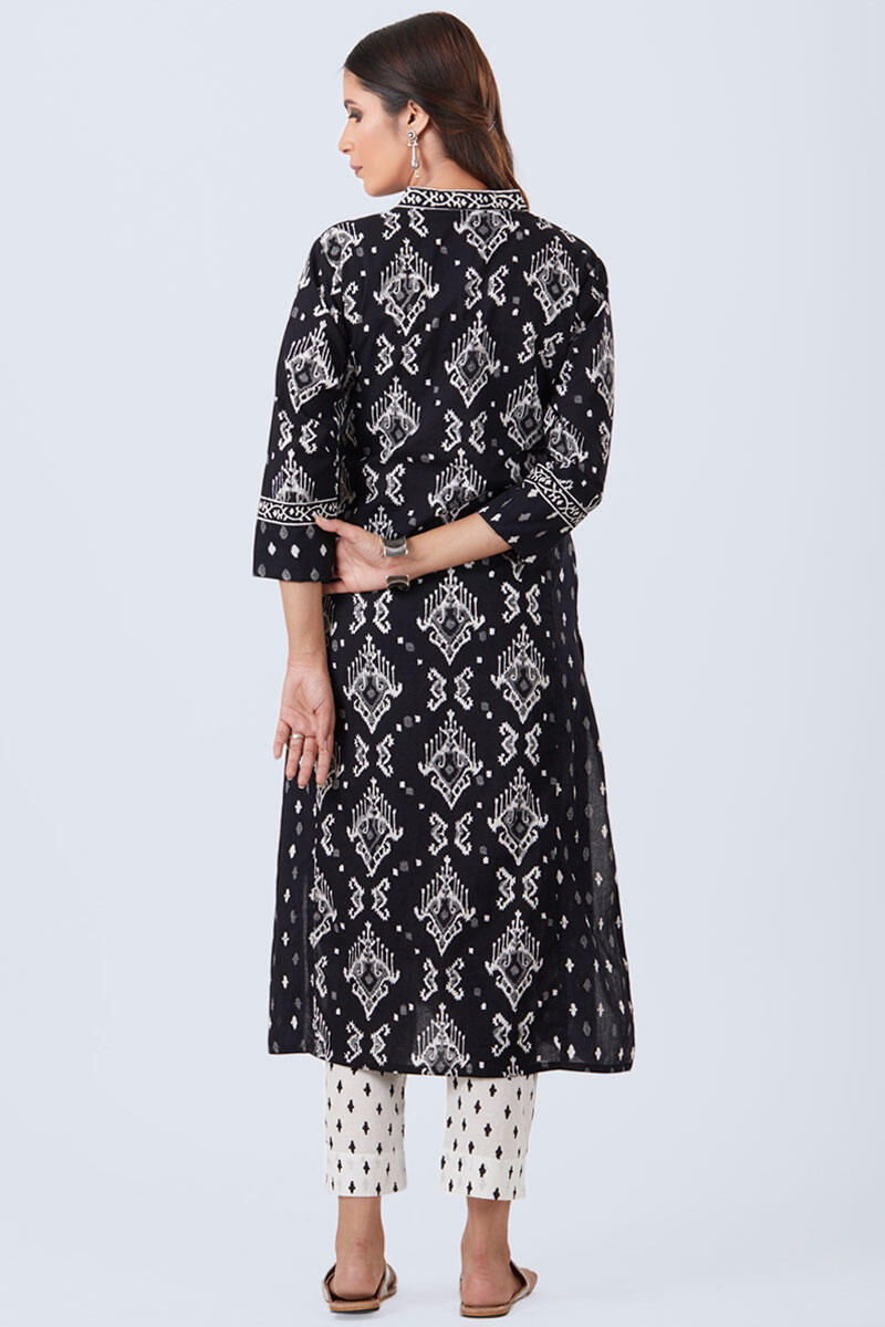 Black Block Printed Straight Cotton Kurta