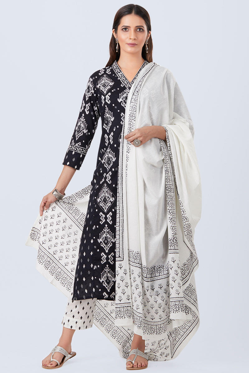 Black Block Printed Straight Cotton Kurta