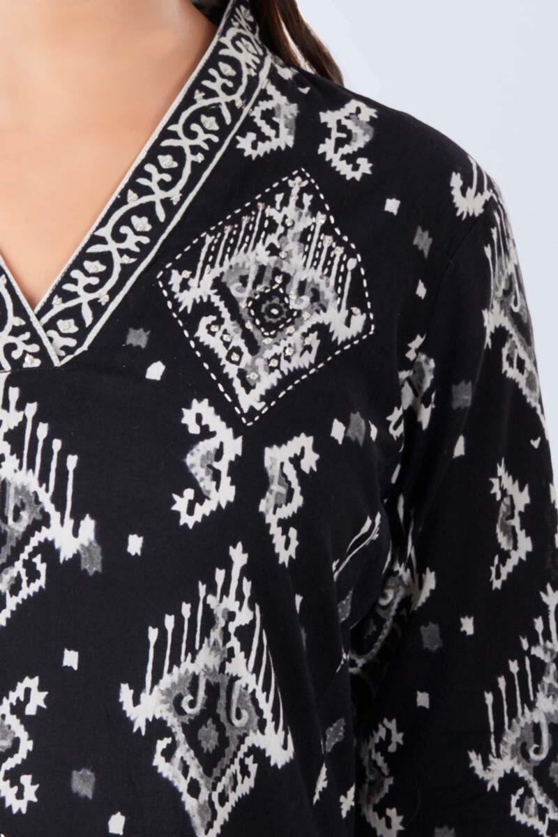 Black Block Printed Straight Cotton Kurta