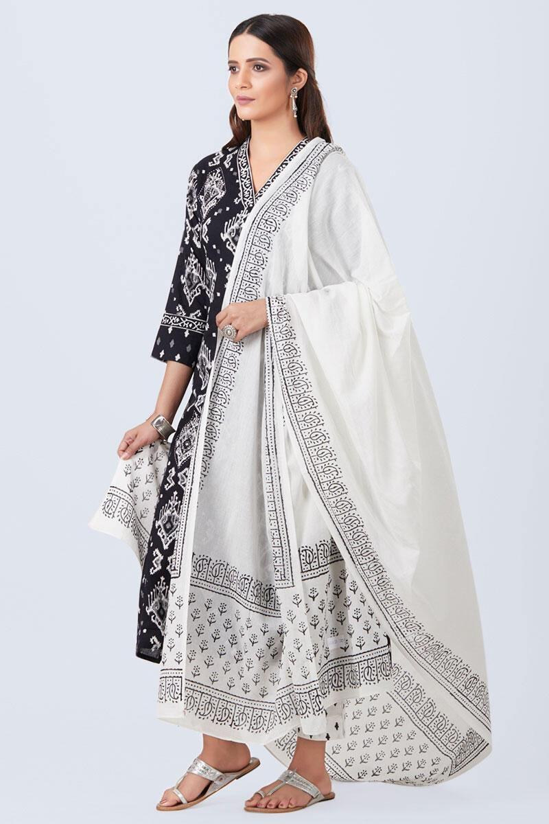 White Block Printed Cotton Dupatta