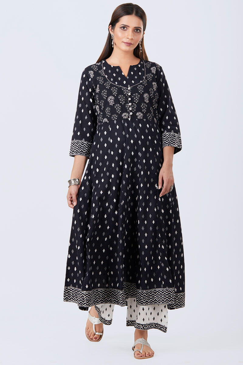 Black Block Printed Anarkali Cotton Kurta