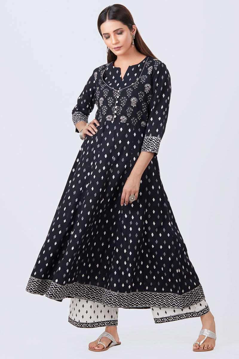 Black Block Printed Anarkali Cotton Kurta