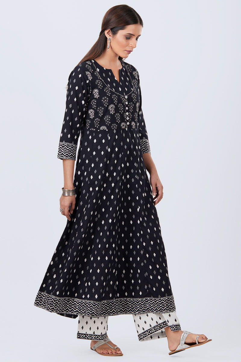 Black Block Printed Anarkali Cotton Kurta