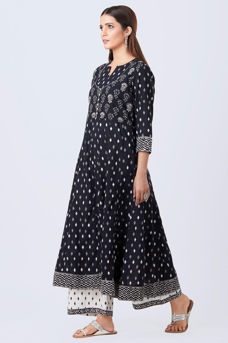 Black Block Printed Anarkali Cotton Kurta